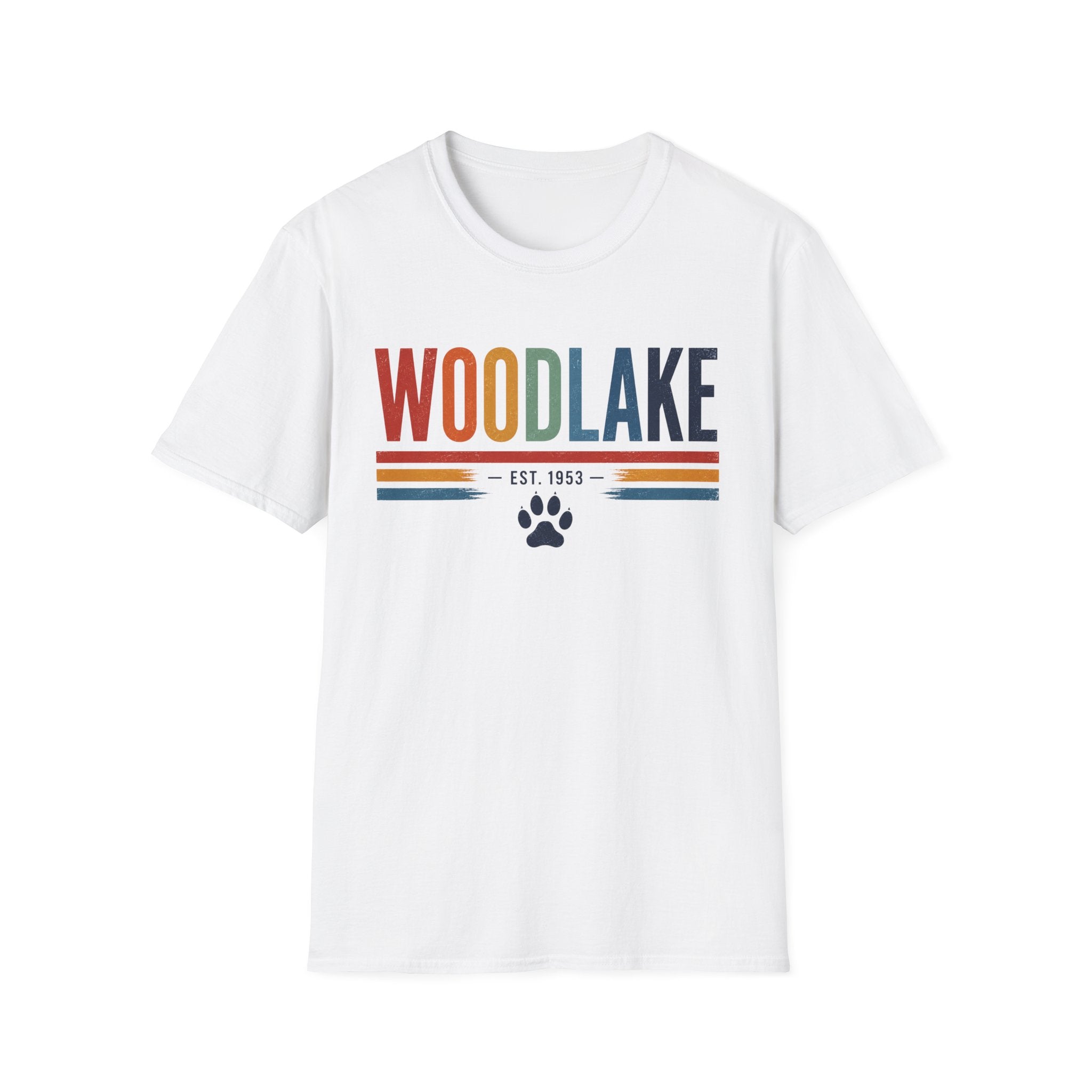 ADULT Woodlake Retro Logo T‑Shirt — Est. 1953 with Paw Print
