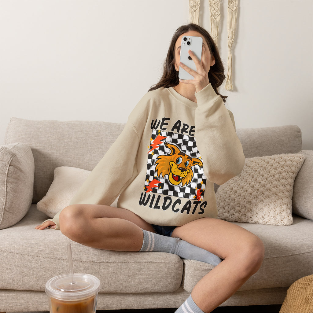 ADULT Wildcats Checkerboard Crewneck Sweatshirt – "We Are The Wildcats" School Spirit Sweater