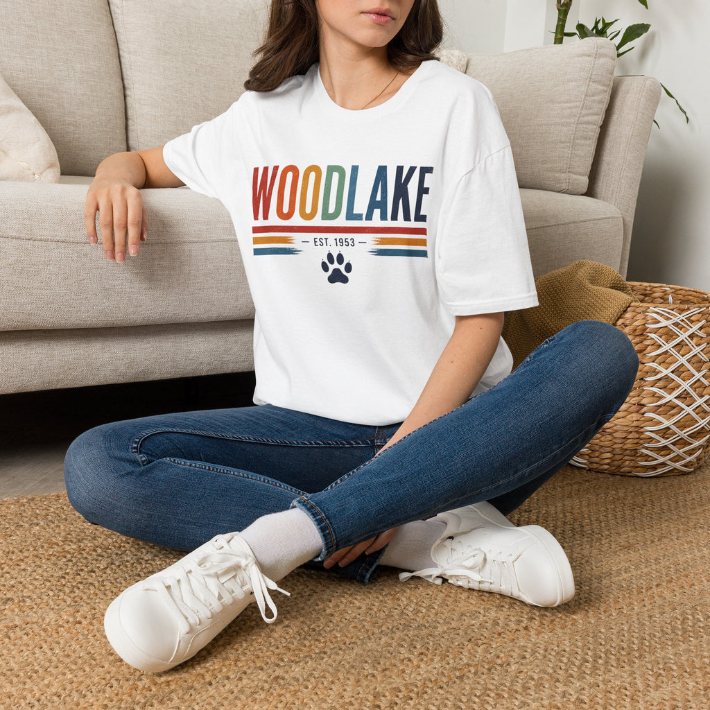 ADULT Woodlake Retro Logo T‑Shirt — Est. 1953 with Paw Print