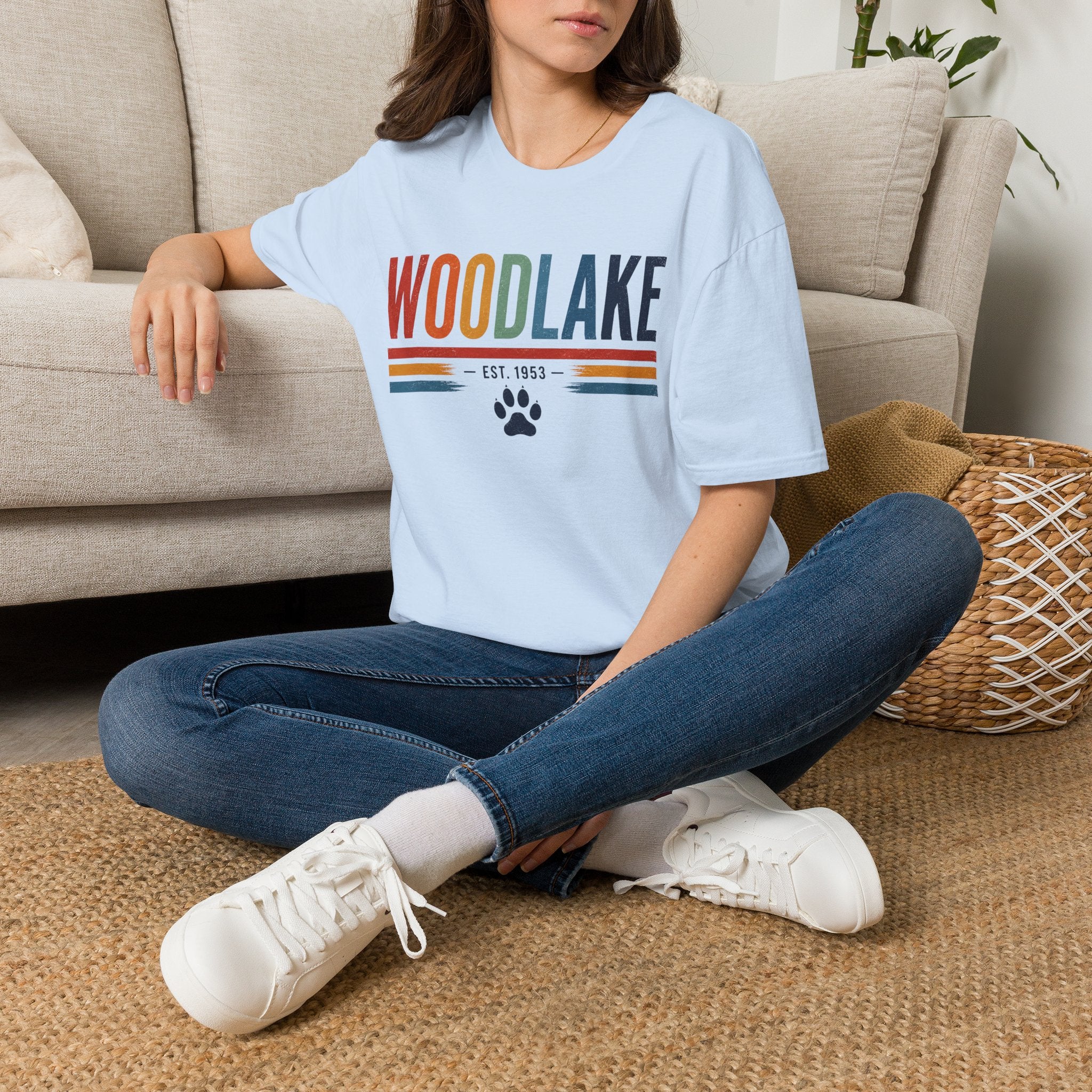 ADULT Woodlake Retro Logo T‑Shirt — Est. 1953 with Paw Print