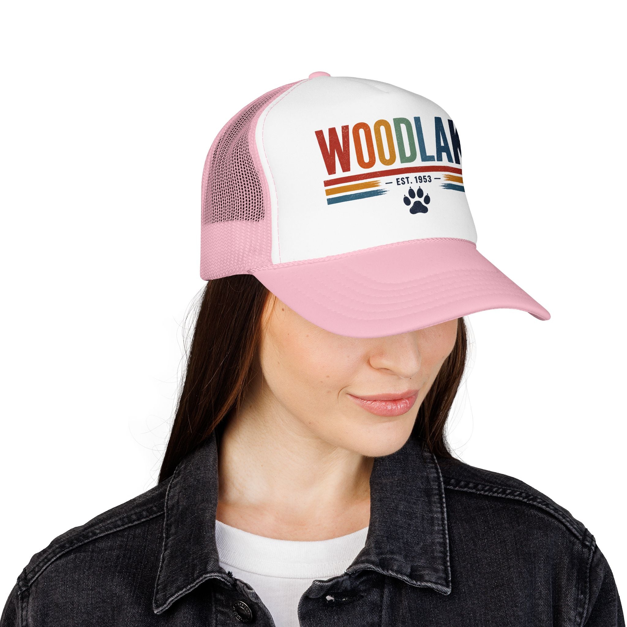 Woodlake Trucker Hat – Retro Striped Foam Cap with Paw Print (Est. 1953)