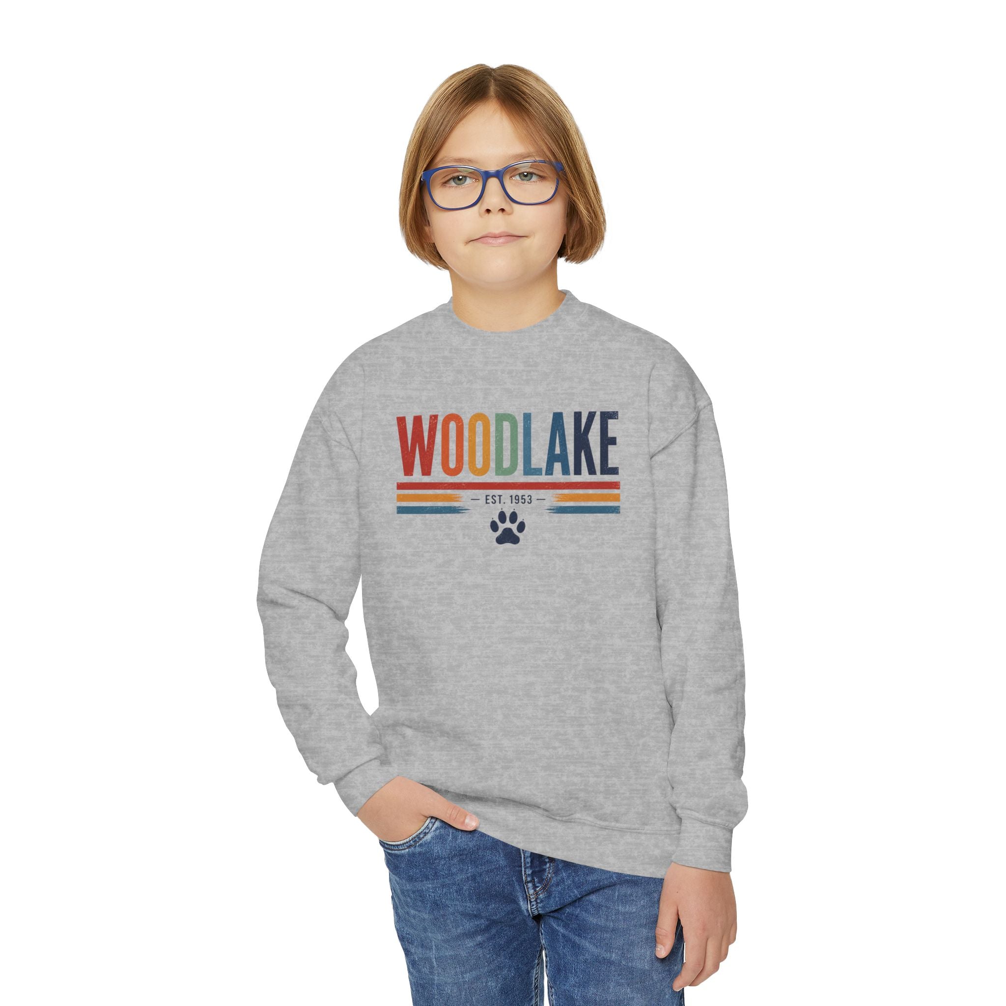 YOUTH Woodlake Crewneck Sweatshirt — Retro Striped Paw Logo