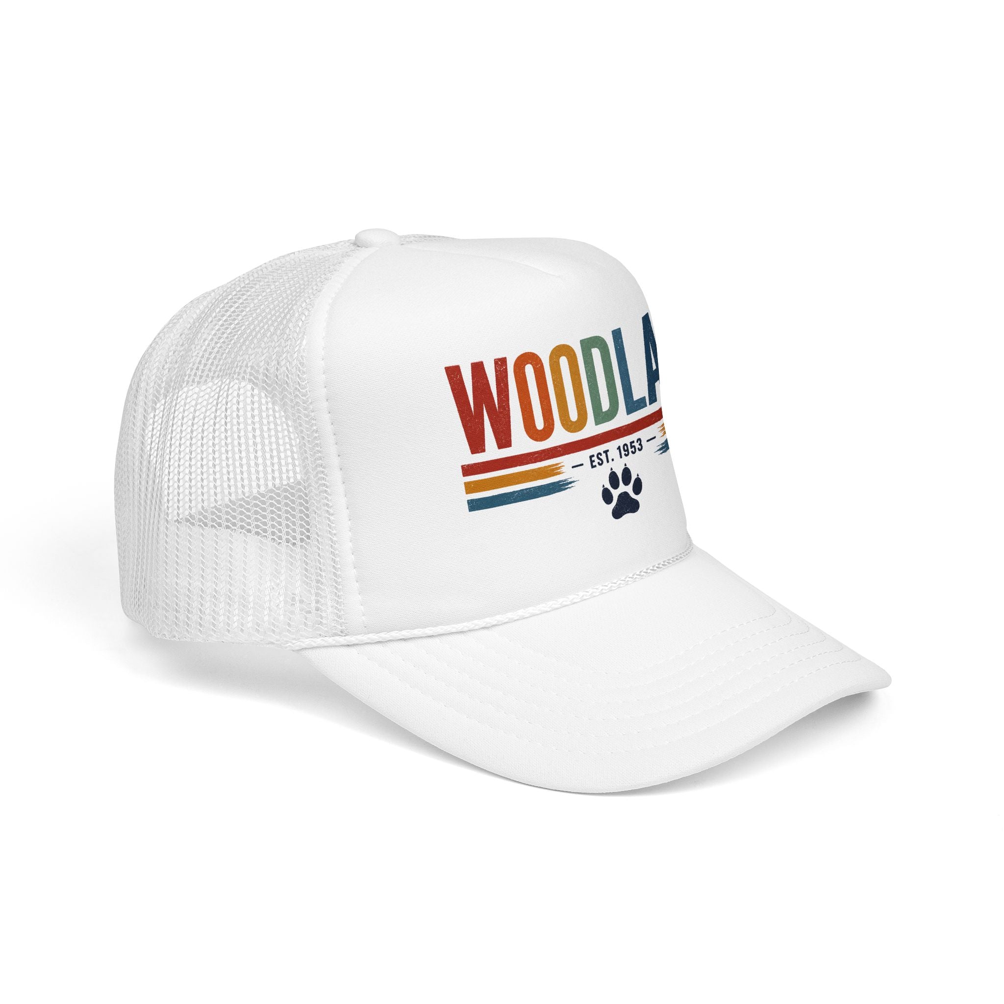 Woodlake Trucker Hat – Retro Striped Foam Cap with Paw Print (Est. 1953)