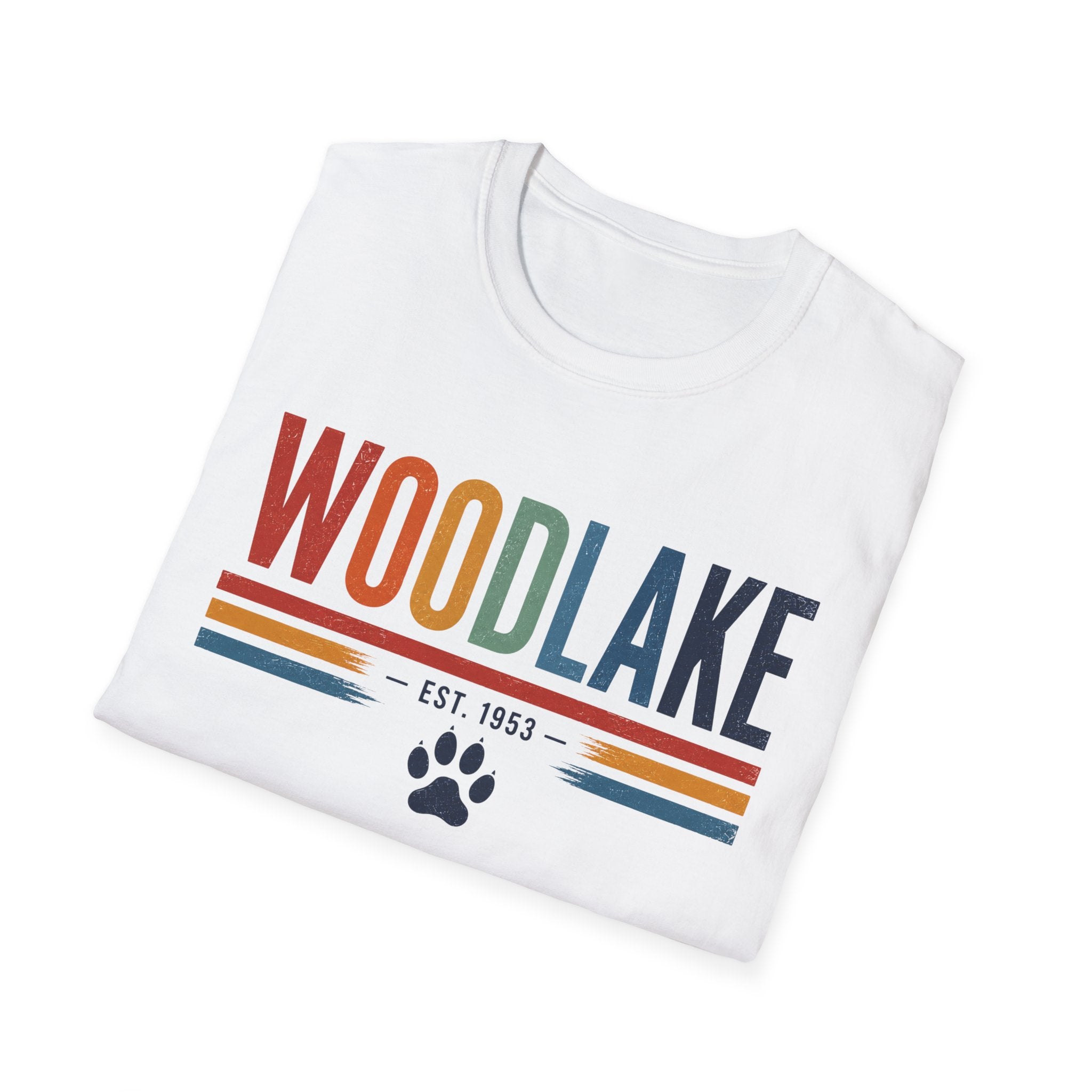 ADULT Woodlake Retro Logo T‑Shirt — Est. 1953 with Paw Print