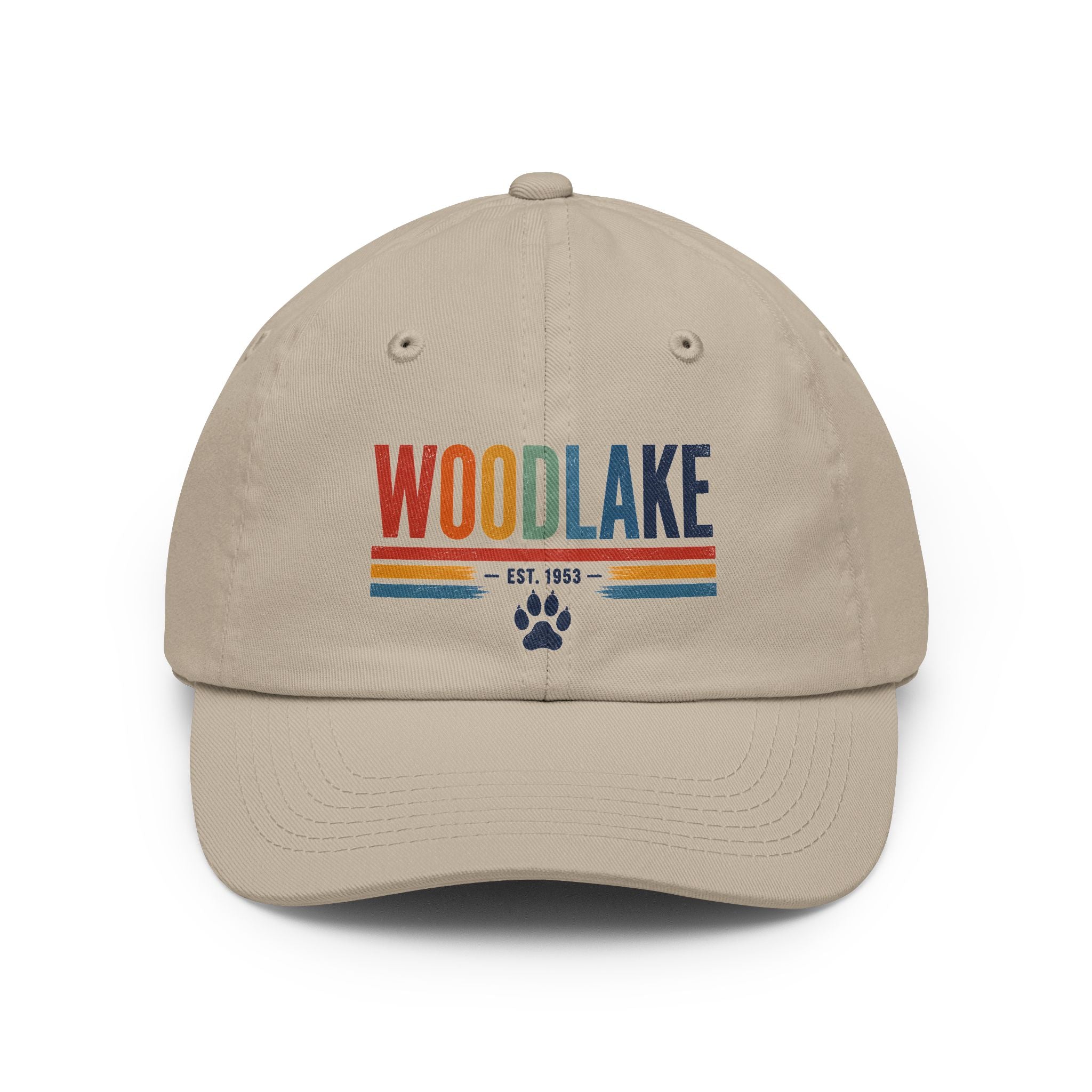 Woodlake Paw Print Dad Hat — Vintage Retro Striped Baseball Cap