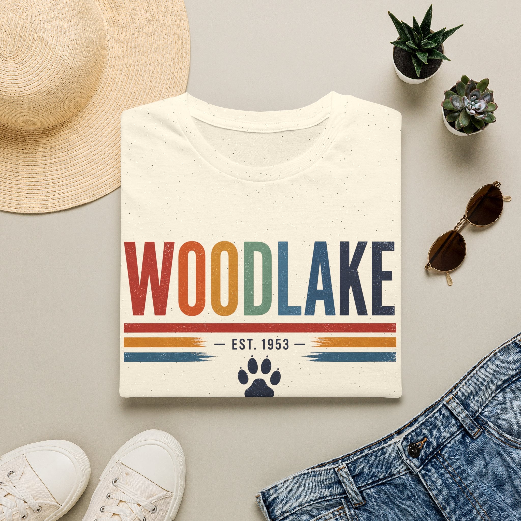 ADULT Woodlake Retro Logo T‑Shirt — Est. 1953 with Paw Print