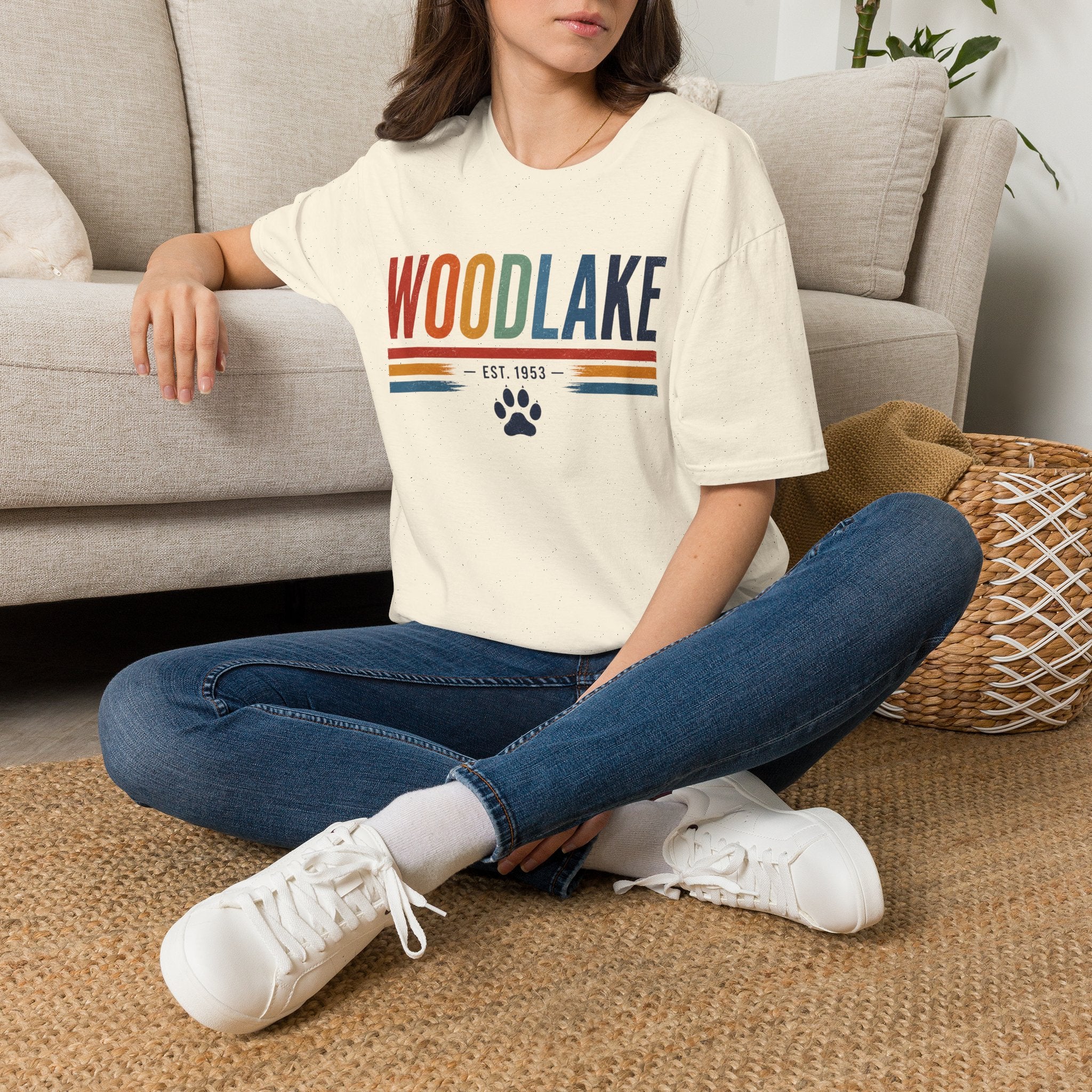 ADULT Woodlake Retro Logo T‑Shirt — Est. 1953 with Paw Print