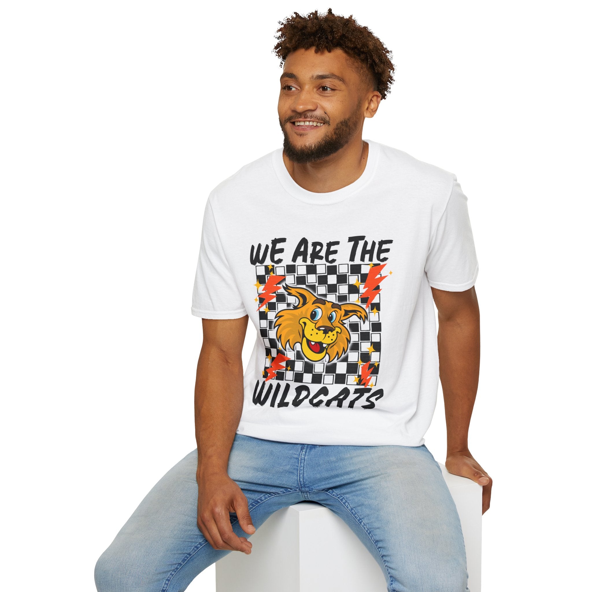 ADULT Wildcats Checkerboard T-Shirt — "We Are The Wildcats" Retro Mascot Tee