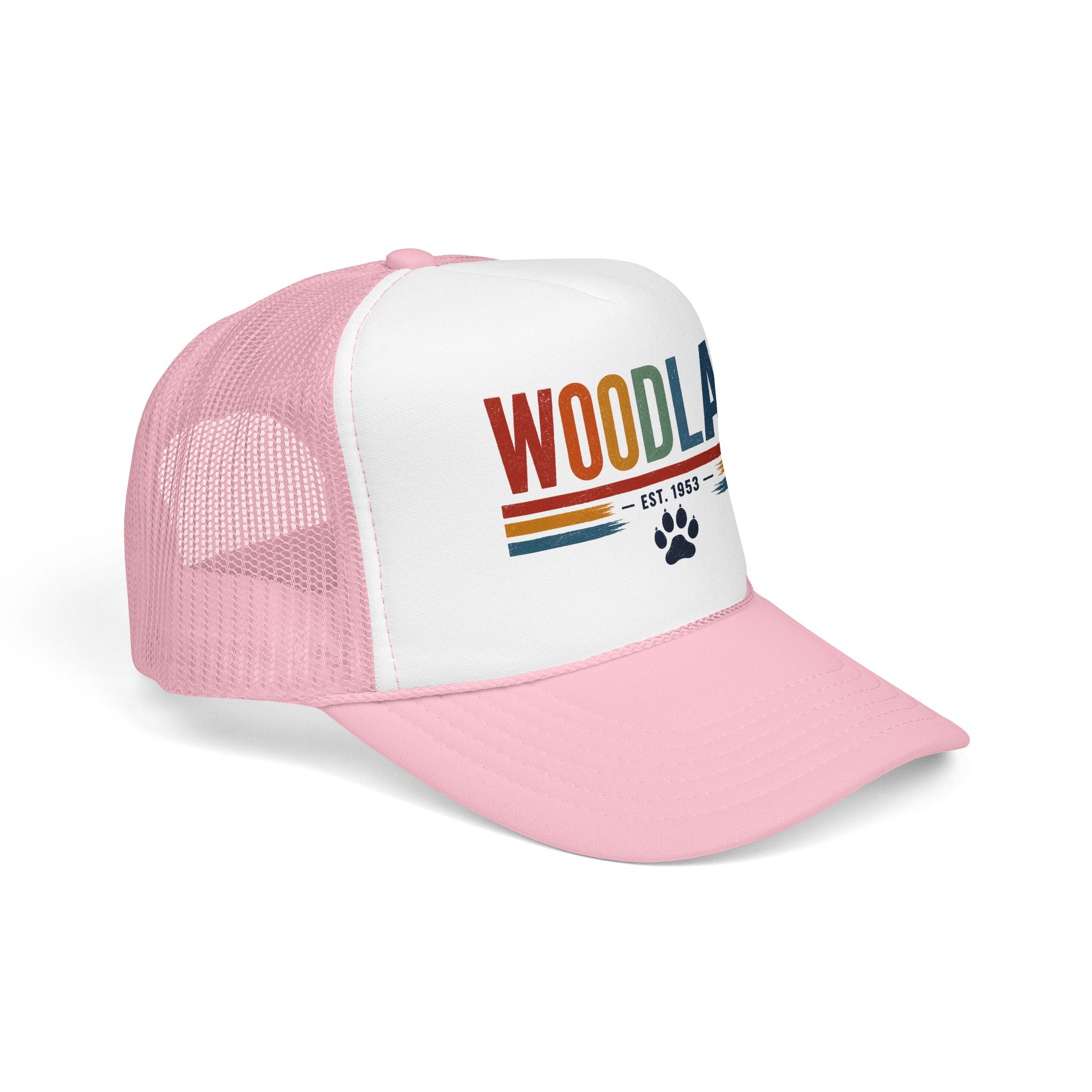 Woodlake Trucker Hat – Retro Striped Foam Cap with Paw Print (Est. 1953)
