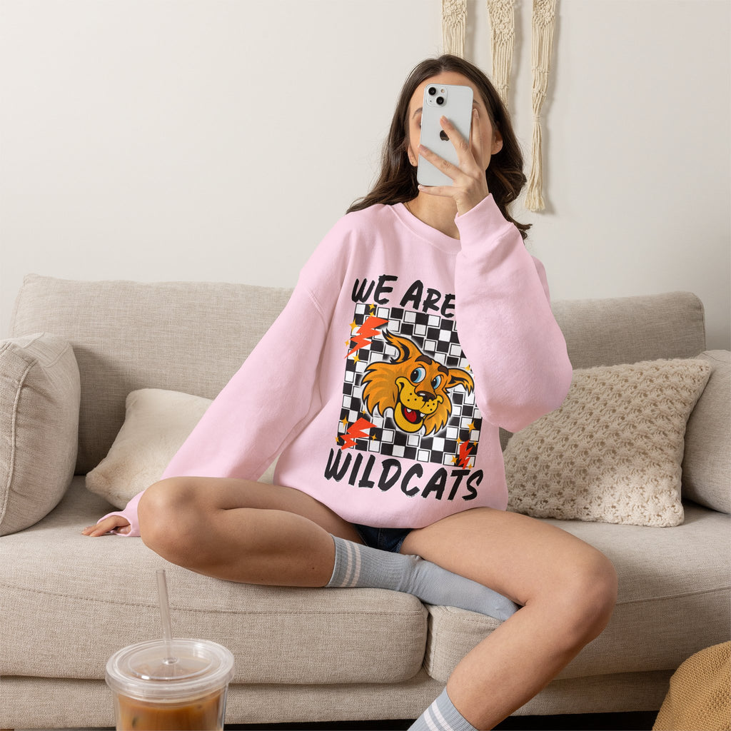ADULT Wildcats Checkerboard Crewneck Sweatshirt – "We Are The Wildcats" School Spirit Sweater
