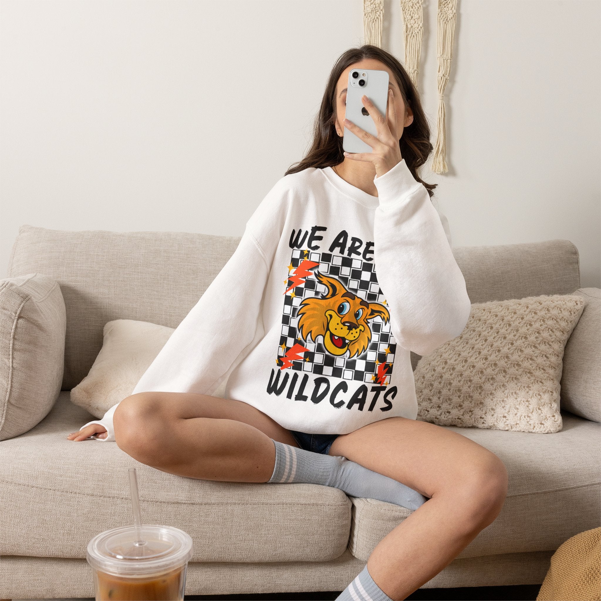 ADULT Wildcats Checkerboard Crewneck Sweatshirt – "We Are The Wildcats" School Spirit Sweater