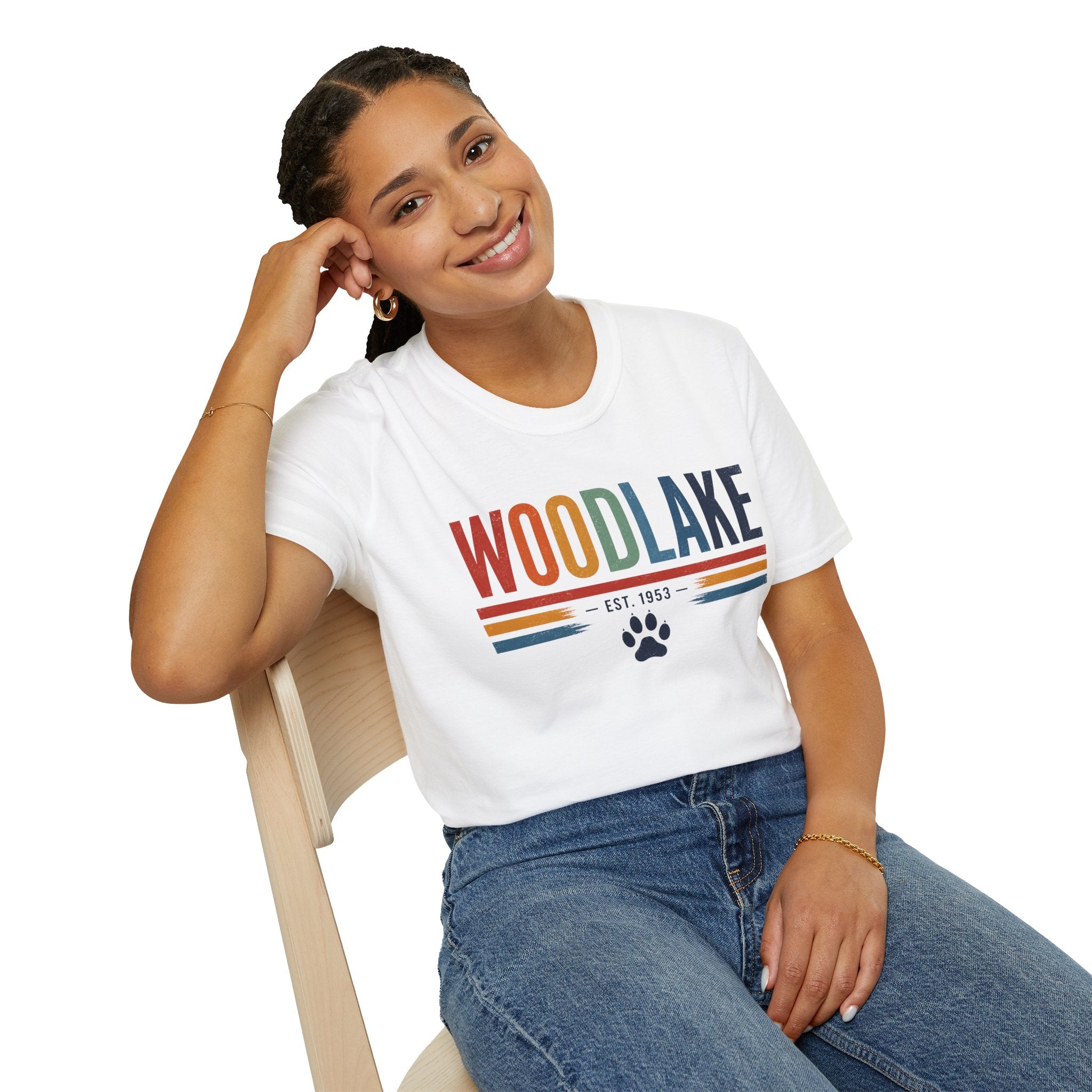 ADULT Woodlake Retro Logo T‑Shirt — Est. 1953 with Paw Print