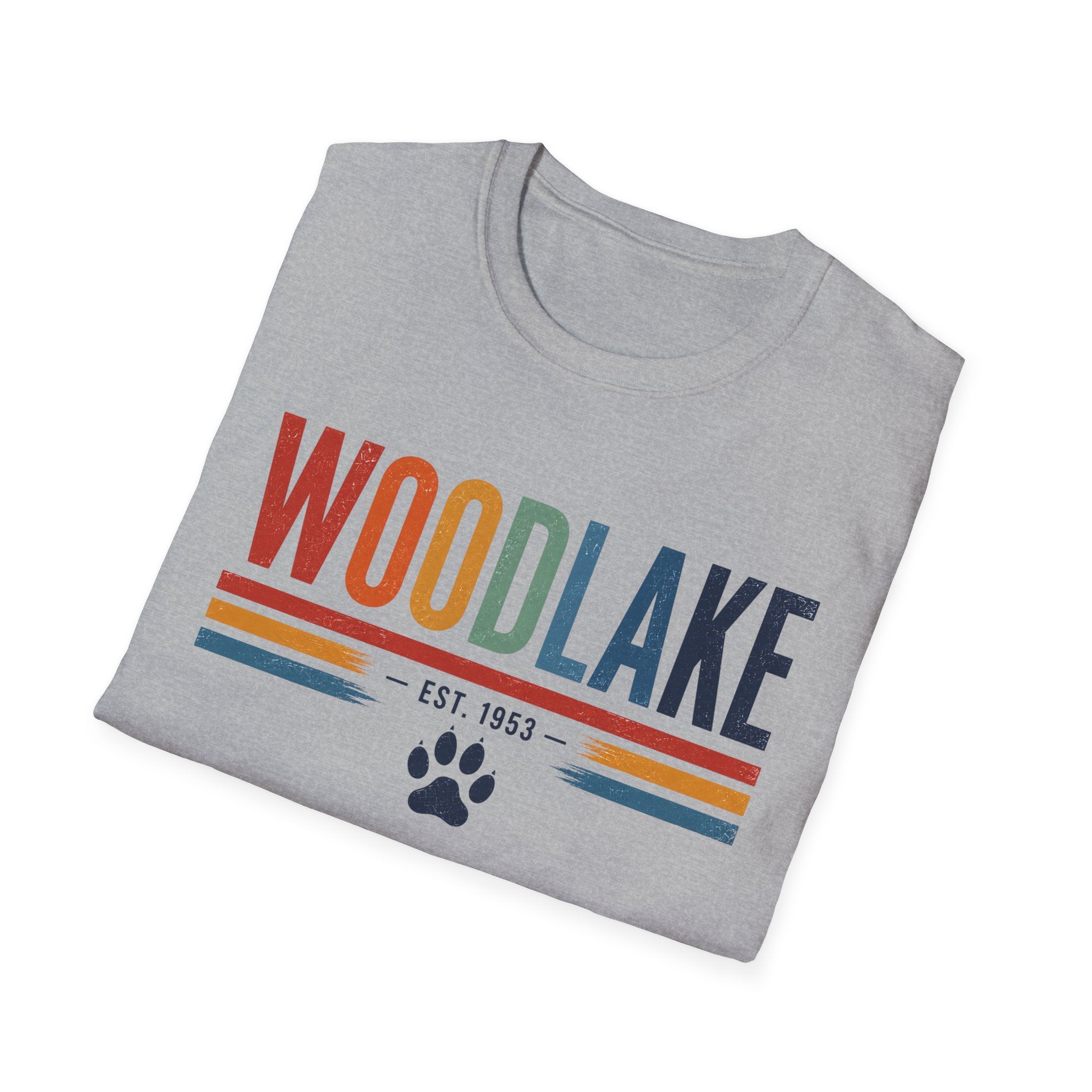 ADULT Woodlake Retro Logo T‑Shirt — Est. 1953 with Paw Print