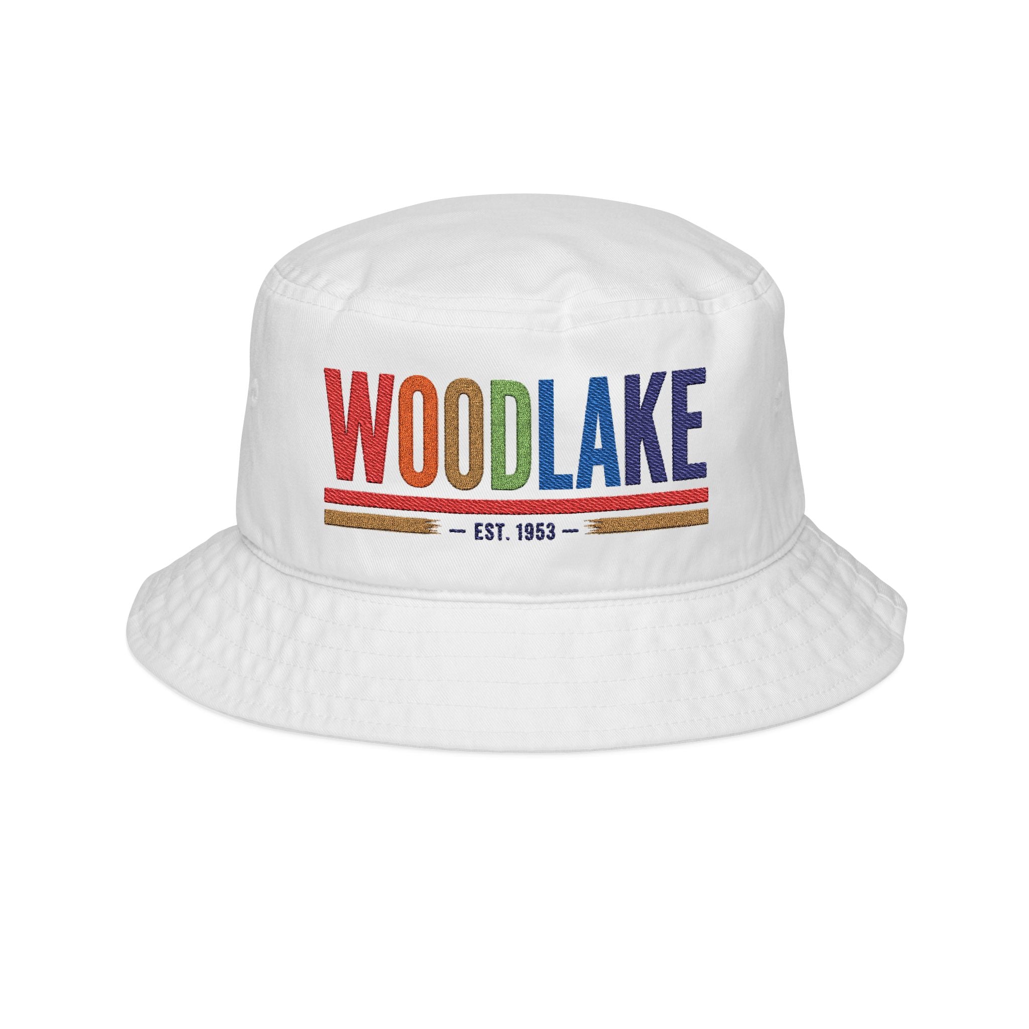 ADULT Embroidered Woodlake Rainbow Bucket Hat — Retro Striped 'EST. 1953' Summer Beach Sun Hat